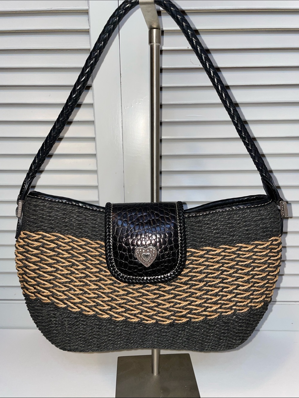 EUC Brighton Black and Natural Woven Handbag With Leather Trim.